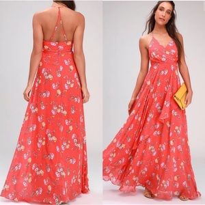 Lulus Romance Abound Coral Red Floral Print Surplice Maxi Dress